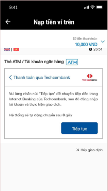 Nạp tiền vào app Xanh SM qua thẻ ATM nội địa