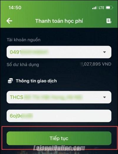 Thanh toán tiền học phí qua thẻ tín dụng Vietcombank trên app